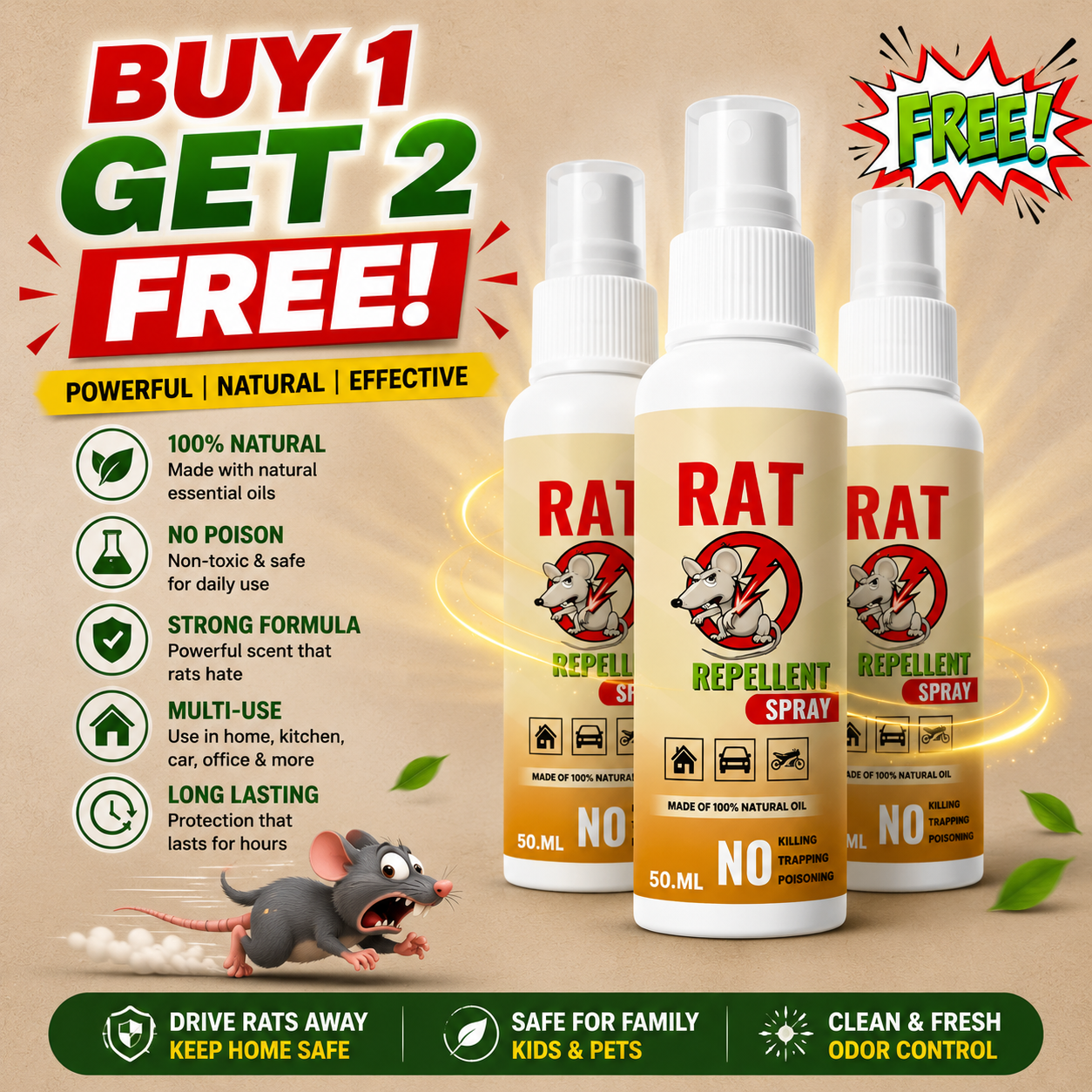 Natural Rat Repellent Spray Safe for Home, Car & Office | Buy 1 Get 2 FREE | Limited Time Offer