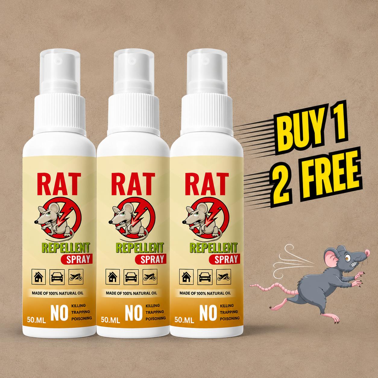 Natural Rat Repellent Spray Safe for Home, Car & Office | Buy 1 Get 2 FREE | Limited Time Offer