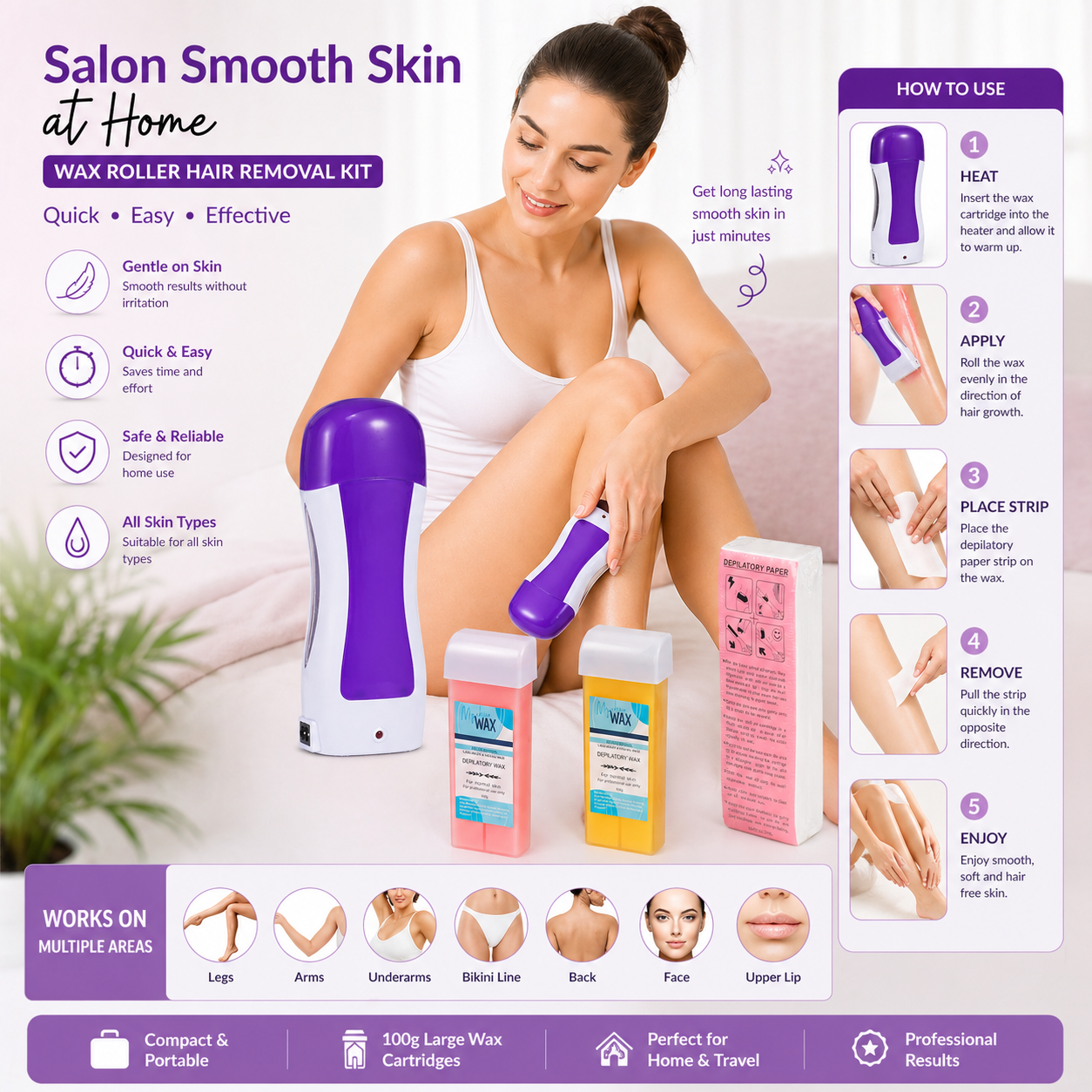 Roller Waxing Kit Roll on Wax Kit Wax Heater Depilatory Wax Roller Kit for Hair Removal for Women Men Sensitive Skin At Home Wax Machine